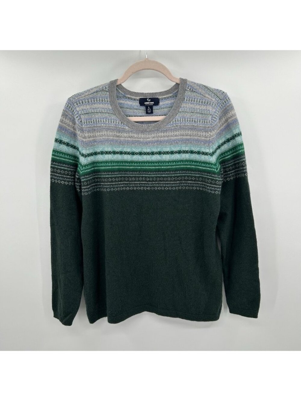 Lands End Women's Green Fair Isle Crewneck Sweater